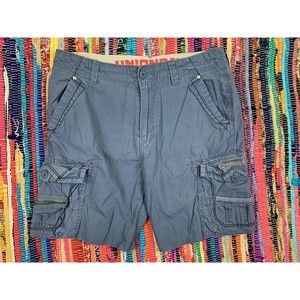 Union Bay Mens Cargo Shorts 32 Gray Blue Casual 100% Cotton 8-pockets Embroidere